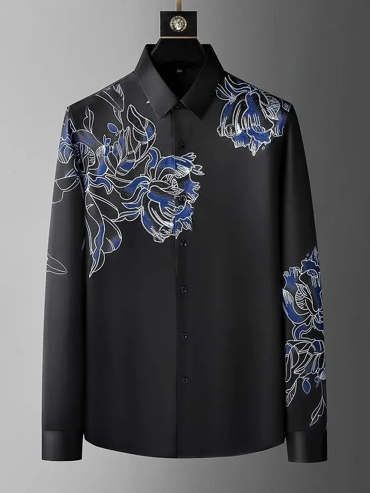 Chemise homme élégante noire avec motif imprimé floral à papillon bleu
