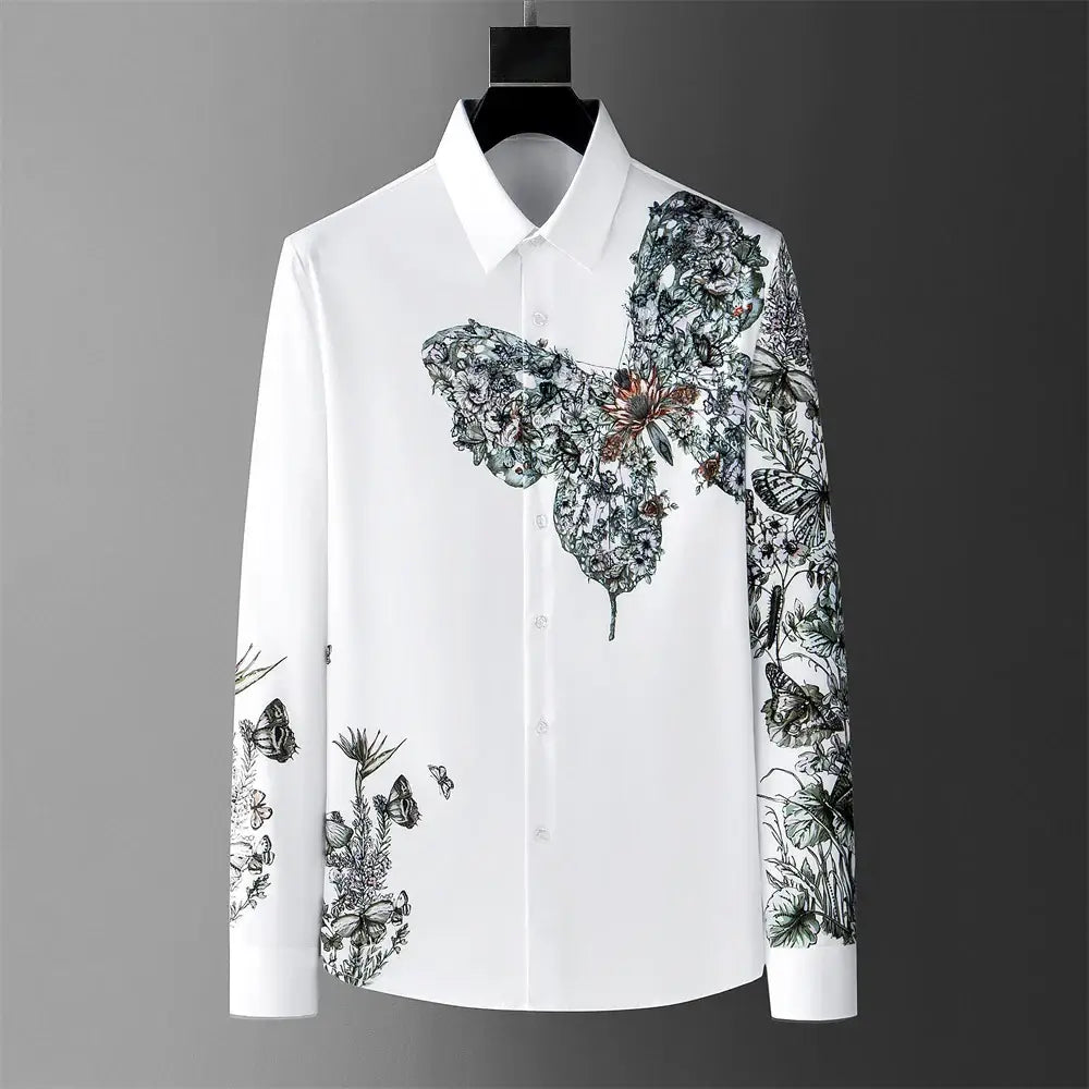Chemise homme élégante blanche avec motif imprimé floral à papillon