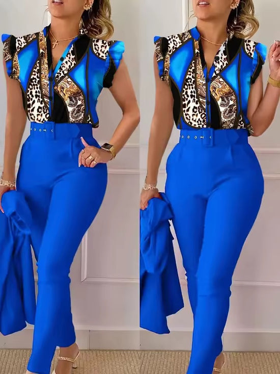 Ensemble Chic Femme – Chemisier Motif Géométrique & Pantalon Taille Haute