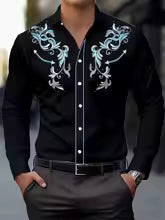 Chemise homme élégante noire et blanche avec motif floral bleu 