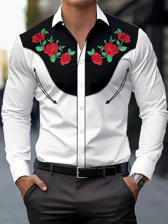 Chemise homme élégante noire et blanche avec motif floral rouge