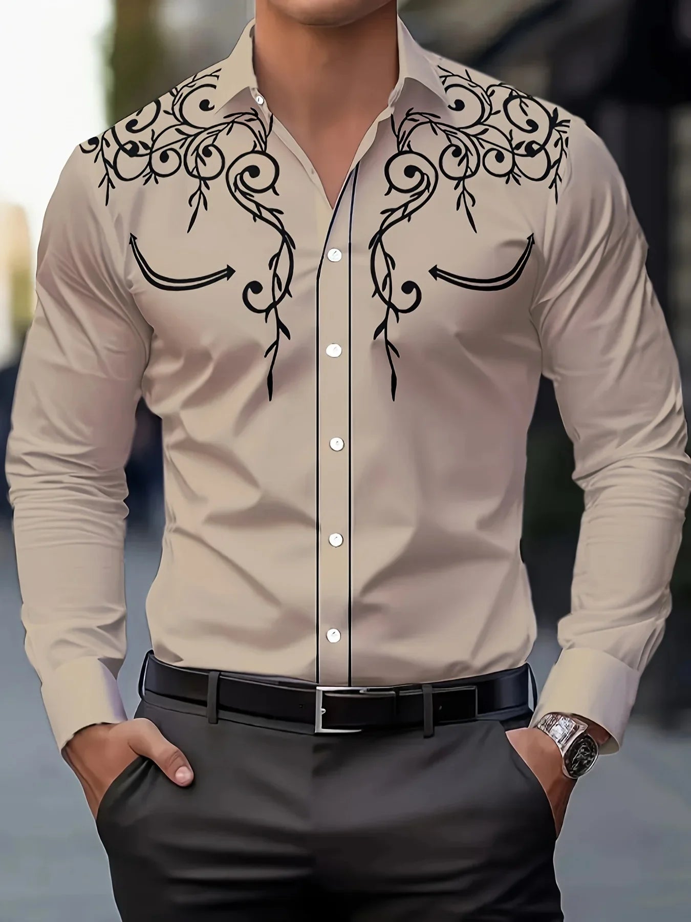 Chemise homme élégante kaki avec motif floral noir 