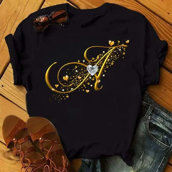 T-shirt Noir et blanc Elegance Initiale de A à "P" – Doré & Strass