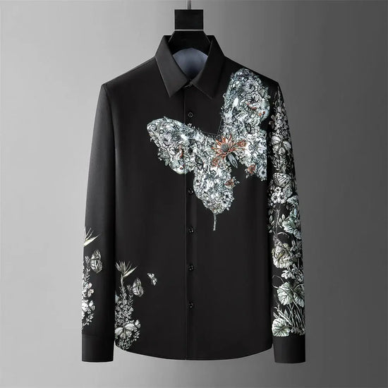 Chemise homme élégante noire avec motif imprimé floral à papillon 