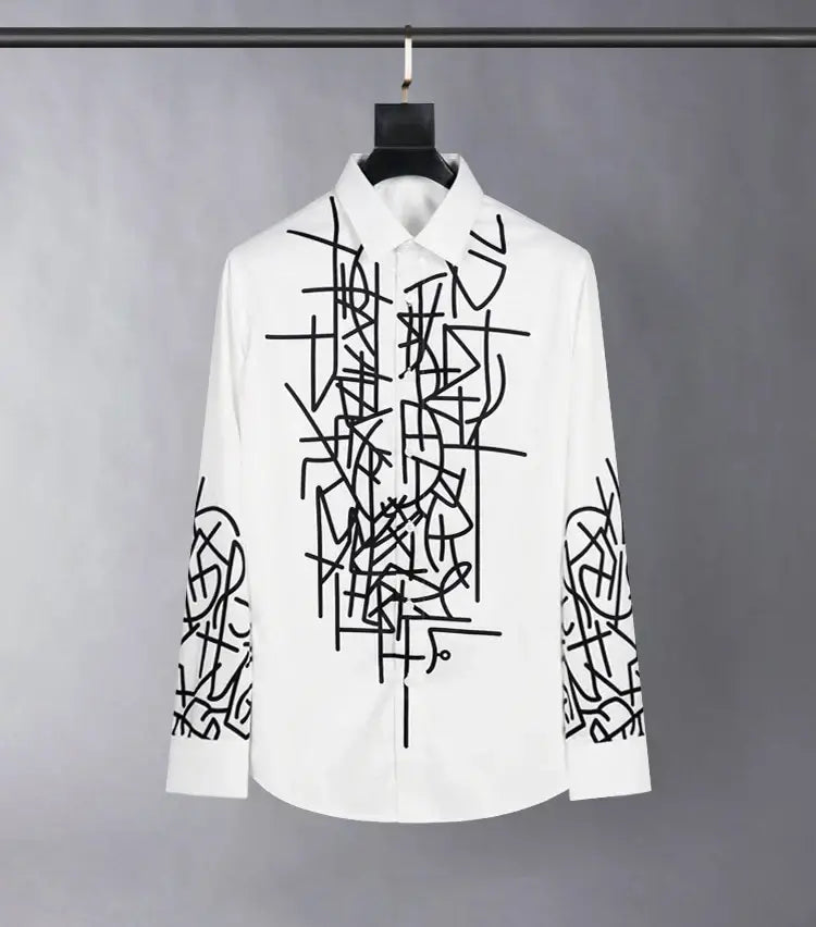 Chemise homme élégante blanche avec motif floral noir 