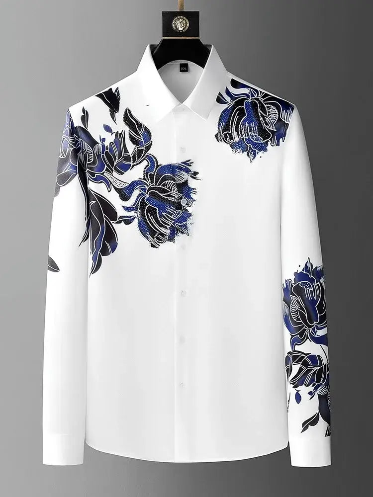 Chemise homme élégante blanche avec motif floral noir